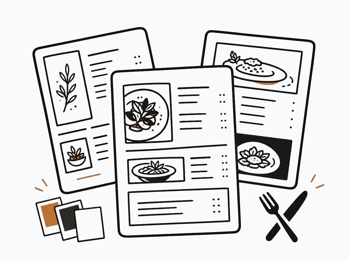 Illustration of multiple restaurant menu design layouts