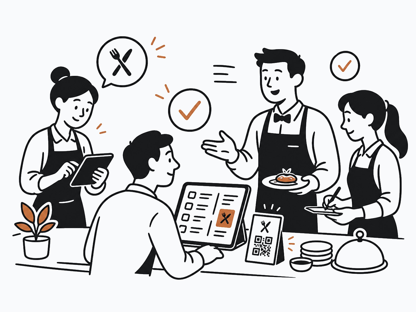 Illustration of a restaurant team managing digital menus during service